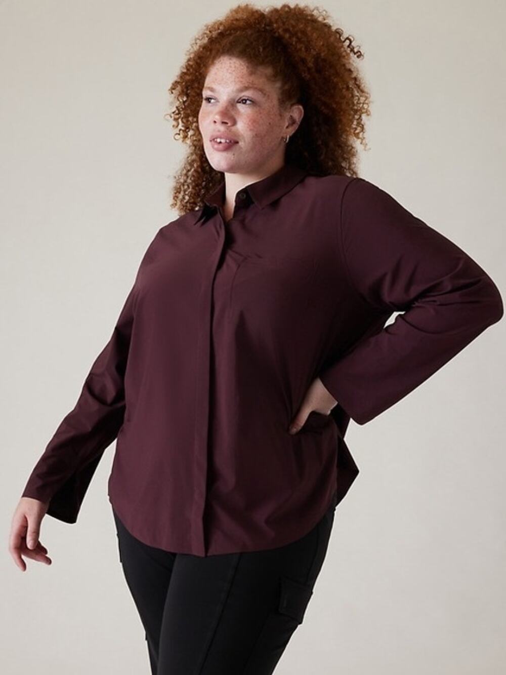 Athleta Everlasting Top Button Up Shirt Spiced Cabernet 3X Classic Minimalist